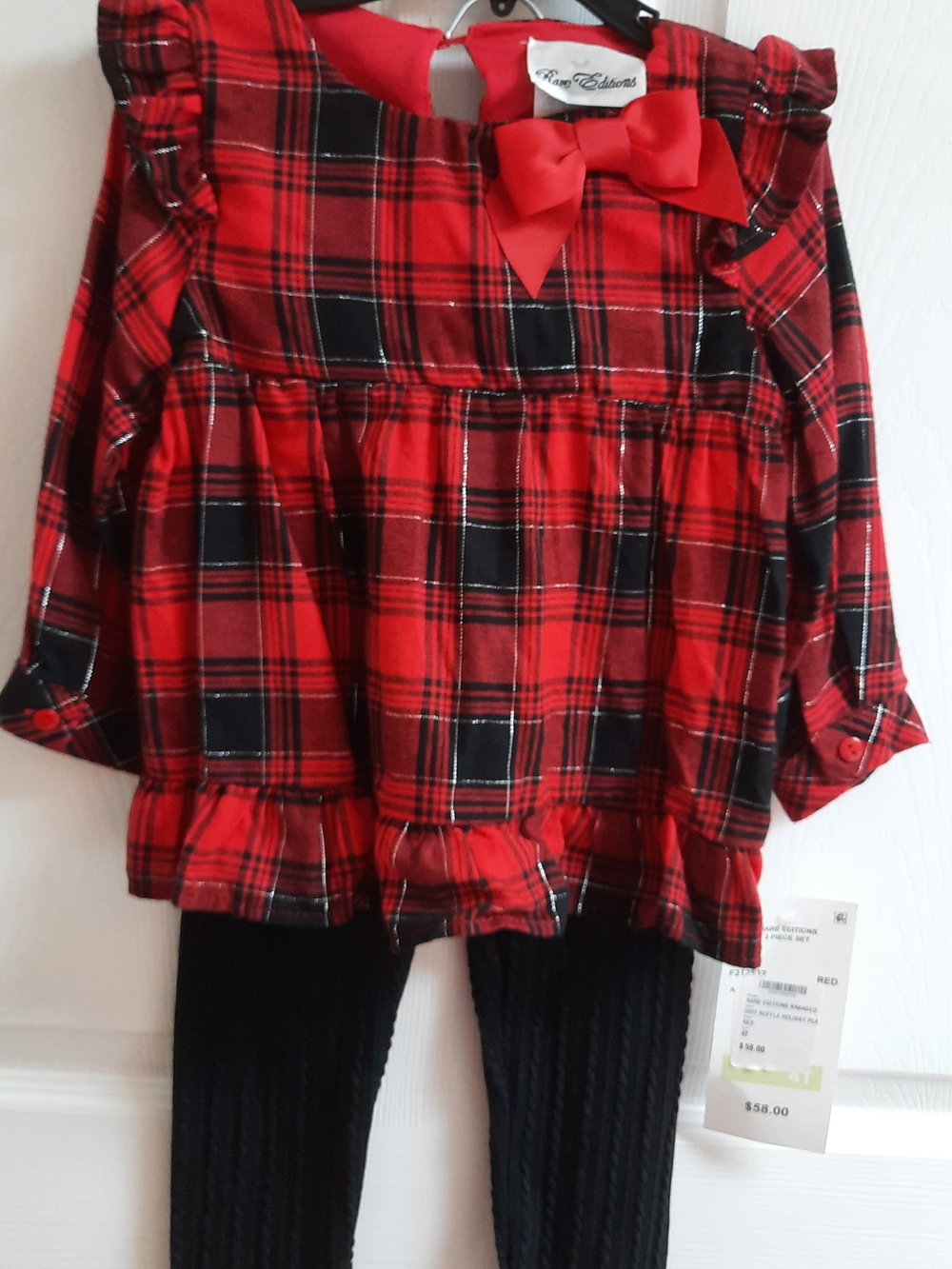 Rare Editions Red and Black Plaid Bow-Accent Girls' Top And Black Twill Bottoms